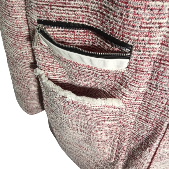 Etcetera Pink White Tweed Long Sleeve Collarless Jacket Contrast Trim Zip Pocket - Picture 5 of 8